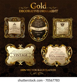 Vector vintage gold frames. Gold ornament label. Set five illustrations. Gold vintage frame ornament. Calligraphic elements set. Vector Gold black frames decor set label.