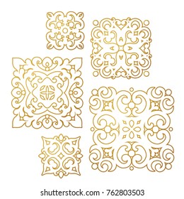 Vector vintage gold ornate decor for design template. Victorian style square element. Golden outline floral decoration. Luxury motifs. Ornamental illustration for invitation, greeting card.