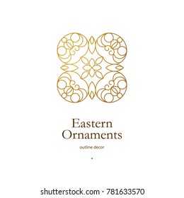 Vector vintage gold ornate decor for design template. Eastern style square element. Golden outline floral decoration. Luxury motifs. Ornamental illustration for invitation, greeting card.