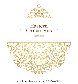 Vector vintage golden decor for ornate design template. Eastern style element. Golden outline floral decoration. Luxury motifs. Ornamental illustration for invitation, greeting card.