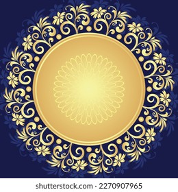 Vector vintage golden floral frame on dark blue background