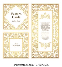 Vector vintage golden frame, ornate vignettes for design template. Eastern style element. Golden outline floral decor. Luxury motifs. Ornamental illustration for invitation, greeting card.
