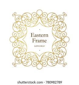 Vector vintage golden frame, ornate vignettes for design template. Eastern style element. Golden outline floral decor. Luxury motifs. Ornamental illustration for invitation, greeting card.
