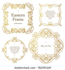 Vector vintage golden frames, ornate vignettes for design template. Eastern style element. Golden outline floral decor. Luxury motifs. Ornamental illustration for invitation, greeting card.