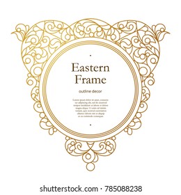 Vector vintage golden round frame, ornate vignettes for design template. Eastern style element. Golden outline floral decor. Luxury motifs. Ornamental illustration for invitation, greeting card.