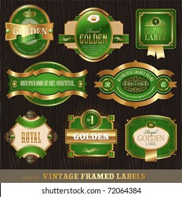 Vector vintage golden-green luxury ornate framed labels decorated patterns, banners, ribbons and ornaments - on a wood texture