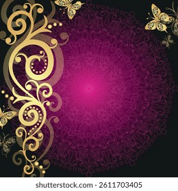 Vector vintage gold-purple frame with lacy mandala and butterflies	
