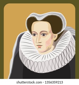 Vector vintage graphic illustration. Portrait of medieval lady of 16th century. Gentlewoman in a rich white collar