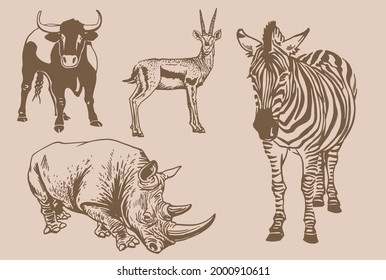 Vector vintage graphical set of African animals,savanna habitants