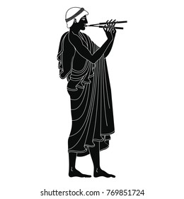 Vector vintage Greek national drawing the man is playing on the pipe. Black pattern isolated on white background.