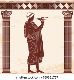 Vector vintage Greek national drawing the man is playing on the pipe between two columns. Brown pattern on a beige background with the aging effect.