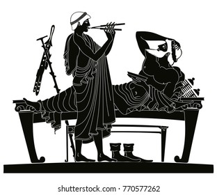 Vector vintage Greek national drawing. A man with a dish in his hand lies on a bed. Black pattern isolated on white background.