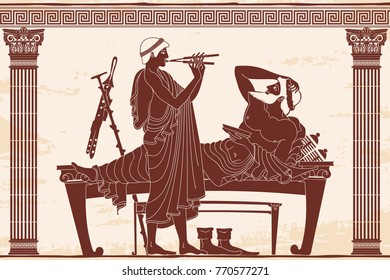 Vector vintage Greek national drawing two mans between two columns. Musician is playing on the pipe and the poet listens to him. Brown pattern on a beige background with the aging effect.