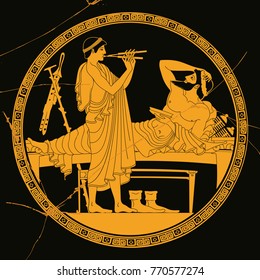Vector vintage Greek national drawing the man is playing on the pipe and the poet listens to him. Gold pattern on black background.