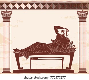 Vector vintage Greek national drawing. A man with a dish in his hand lies on a bed. Brown pattern on a beige background with the aging effect.