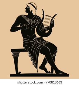 Vector vintage Greek national drawing the man is playing on the harp. Black pattern isolated on beige background.