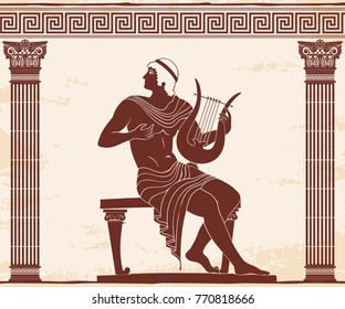 Vector vintage Greek national drawing the man is playing on the harp. Brown pattern on a beige background with the aging effect.