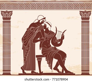 Vector vintage Greek national drawing. Mythological plot Paris steals Elena. Brown pattern on a beige background with the aging effect.