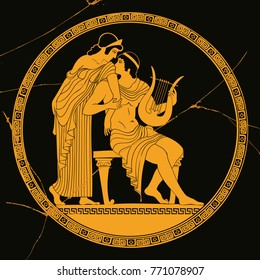 Vector vintage Greek national drawing. Mythological plot Paris steals Elena. Drawing on the bottom of the black antique plate with a crack.