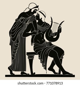 Vector vintage Greek national drawing. Mythological plot Paris steals Elena. Black pattern isolated on beige background.