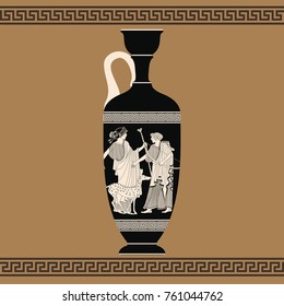 Vector Vintage Greek Vase With National Ornaments And With The Image Of Apollo And Artemis..