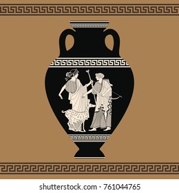 Vector Vintage Greek Vase With National Ornaments And With The Image Of Apollo And Artemis..