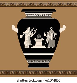 Vector vintage Greek vase with national ornaments and picture of a man and woman committing a sacrificial rite..