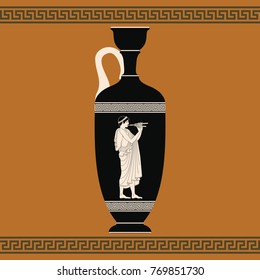 Vector vintage Greek vase with national ornaments and the man is playing on the pipe.