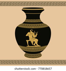 Vector vintage Greek vase with national ornaments and drawing of a musician playing on the harp.