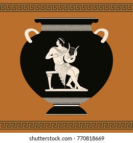 Vector vintage Greek vase with national ornaments and drawing of a musician playing on the harp.