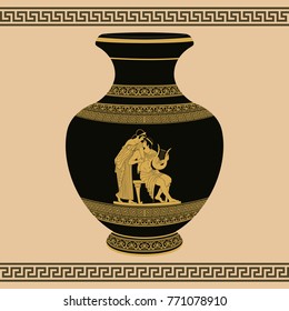 Vector vintage Greek vase with national ornaments and mythological plot Paris steals Elena.