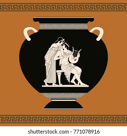 Vector vintage Greek vase with national ornaments and mythological plot Paris steals Elena.