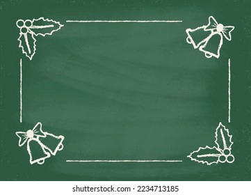 Vector vintage green chalkboard background for Christmas and New year with bells and winter plants. New year postcard 2023.