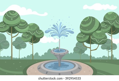 vector vintage green park with fountain and trees background