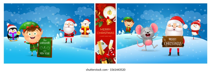 Vector vintage greeting card. Christmas characters. Style creative design. Penguin, Elf, Santa Clause, Mouse. Holiday concept. Vector illustration can be used for invitations, signs, announcements