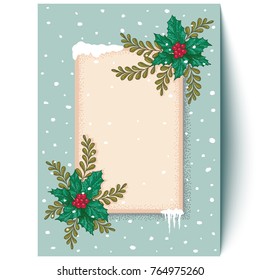 Vector vintage greeting card for Christmas and new year. Vector retro postcard with Christmas plants.