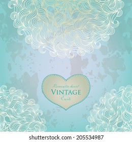 Vector vintage greeting card design on grungy background with hand drawn lace ornaments. Aquamarine template design for card. 