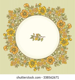 Vector vintage greeting card with a doodle flowers bouquet and frame for text on retro striped background