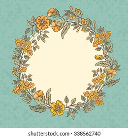 Vector vintage greeting card with a doodle flowers bouquet and frame for text on retro grunge dotted background