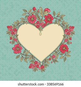Vector vintage greeting card with a doodle flowers bouquet and frame for text on retro grunge dotted background