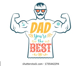 Vector vintage greeting card for fathers day with best dad on isolated background. Happy Father's day. Vector illustration of dad.