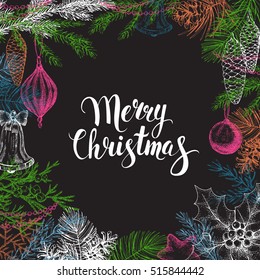 Vector vintage greeting card. Hand drawn conifers: fir, larch, juniper, pine, spruce. Sketch. Frame with conifers branches, cones and decorations. Handwritten inscription Merry Christmas. Black.