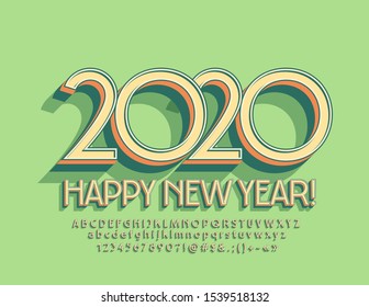 Vector vintage greeting card Happy New Year 2020! Retro style Font. 3D Alphabet set