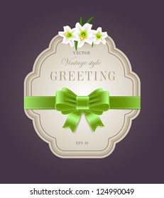 Vector vintage greeting card with a small bouquet of white lilies and silky ribbon bow knot