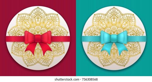 Vector vintage greeting card templates with bow and ribbon. Wedding invitation design. Anniversary template for any celebration. Marriage, birthday, christmas, baby shower flyer.