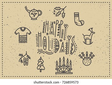 Vector vintage greeting Christmas card with lettering "Happy Holiday"and cute design elements in ethnic style.