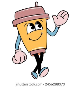 Vector vintage groovy Cartoon Cheerful Coffee Cup Character Waving Hello