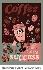 Vector vintage groovy Cartoon Cheerful Coffee Cup Poster