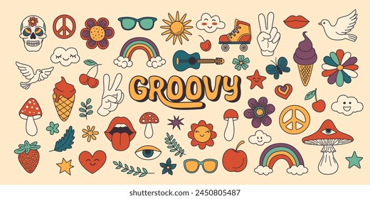 Vector Vintage Groovy Icons and Design Elements for Poster, Sticker Design. Retro Symbol in Hippie 70s Style, Psychedelic Mushroom, Flowers, Eye, Anti-War Peace Symbols. Vector Illustration