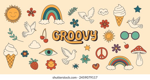 Vector Vintage Groovy Icons and Design Elements for Poster, Sticker Design. Retro Symbol in Hippie 70s Style, Mushroom, Flowers, Eye, Anti-War Peace Symbols. Vector Illustration